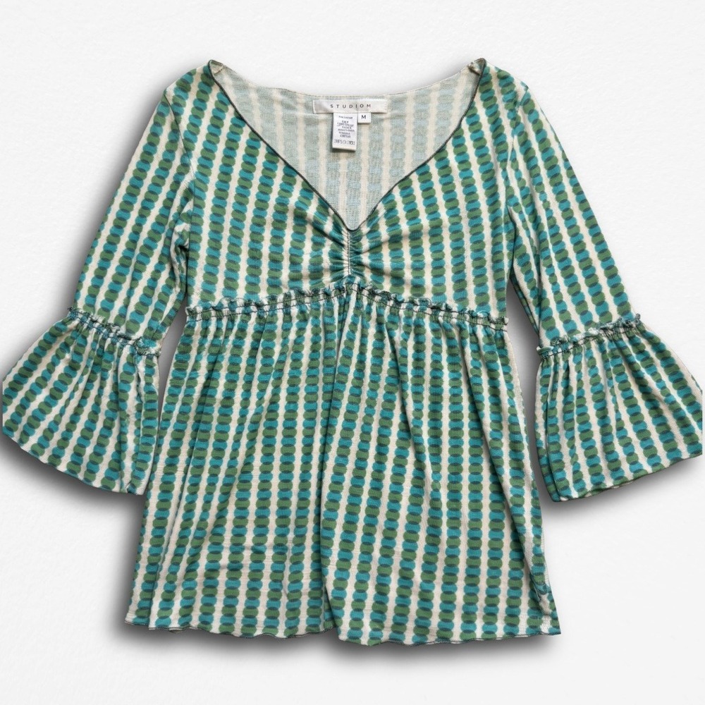 Studio M Y2K Green Teal Geometric Dot Empire Waist Bell Sleeve Top Medium